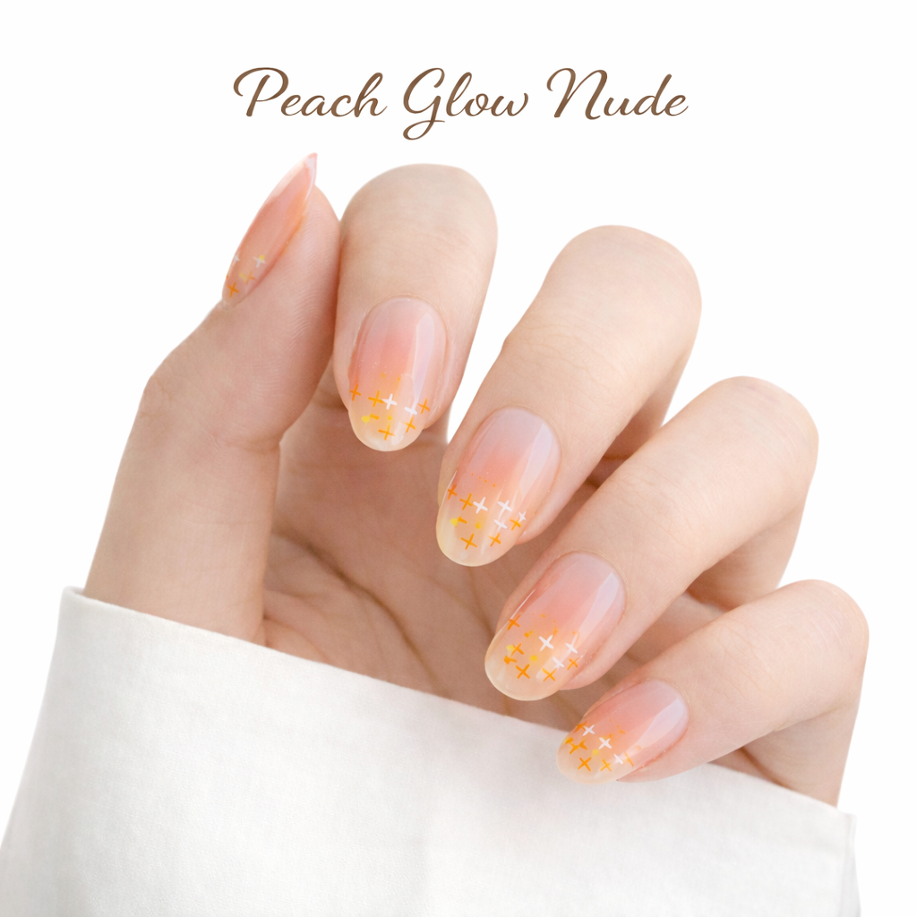 Peach Glow Nude Design,  Nail Art, Press-on Nails, Oval Shape, Medium Length, 24 Pieces, Gel Polish Finish