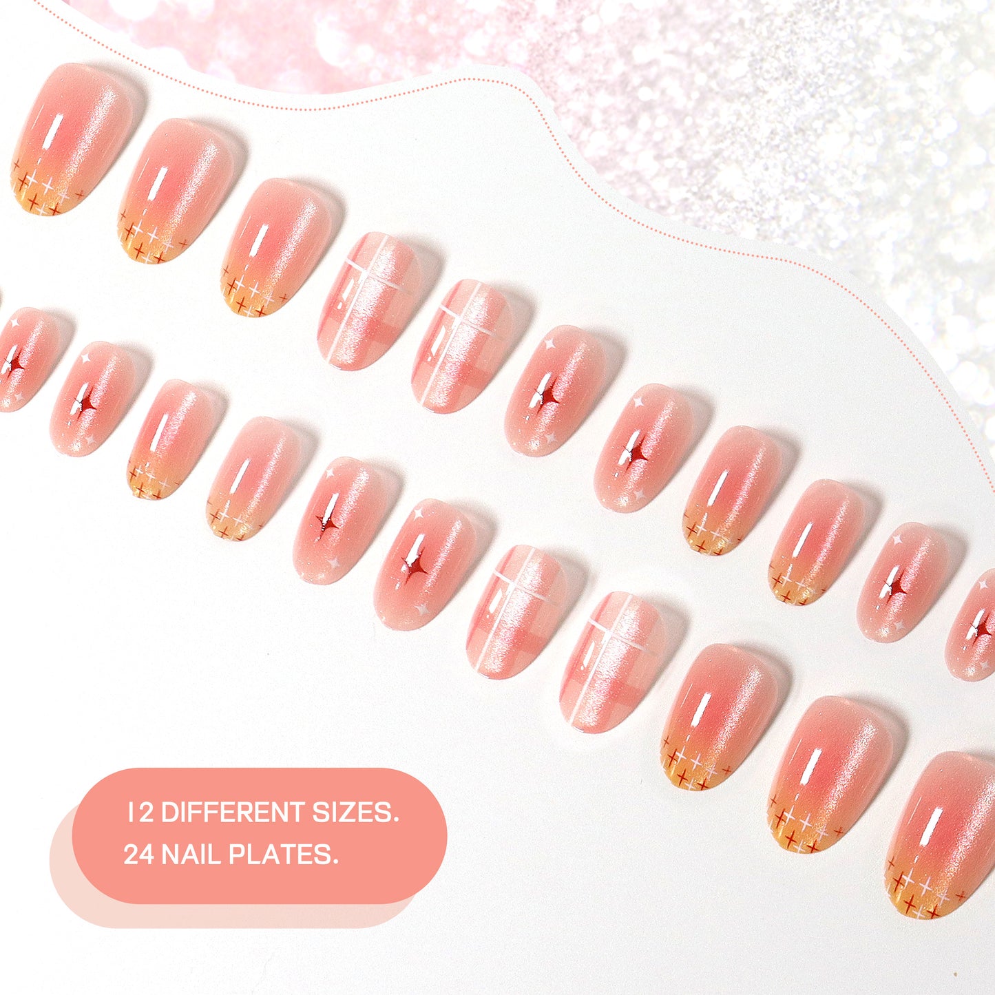 Peach Glow Nude Design,  Nail Art, Press-on Nails, Oval Shape, Medium Length, 24 Pieces, Gel Polish Finish