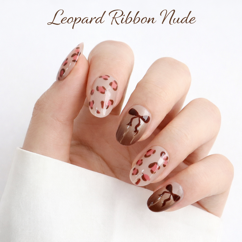 Leopard & Ribbon Nude Design,  Nail Art, Press-on Nails, Oval Shape, Medium Length, 24 Pieces, Gel Polish Finish