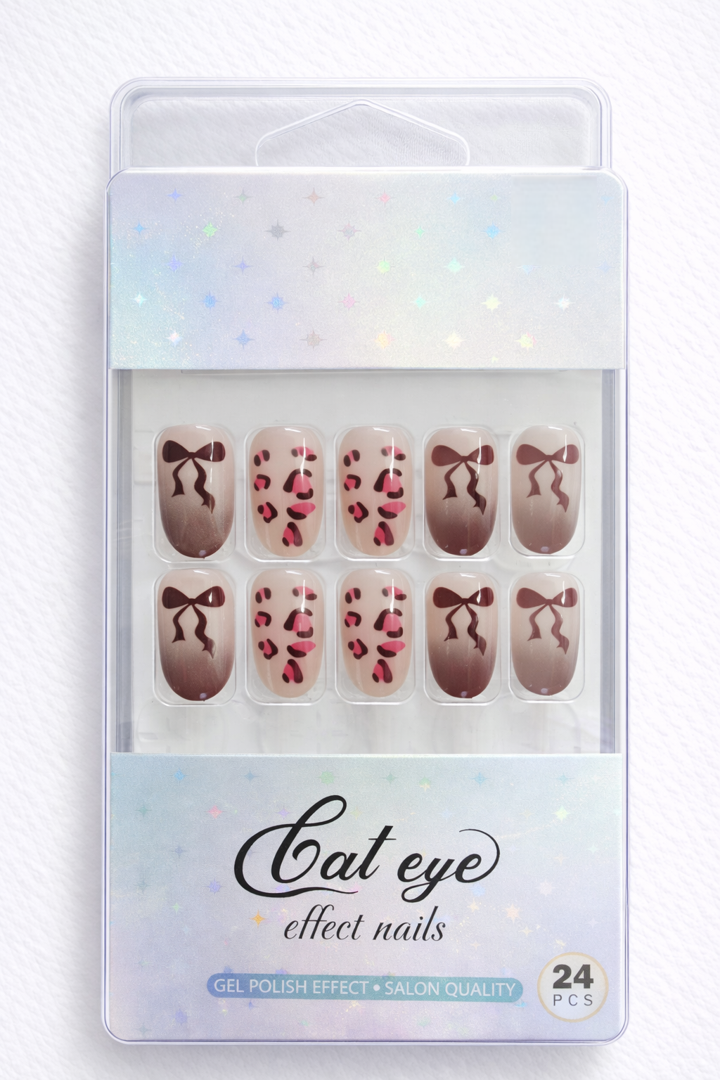 Leopard & Ribbon Nude Design,  Nail Art, Press-on Nails, Oval Shape, Medium Length, 24 Pieces, Gel Polish Finish