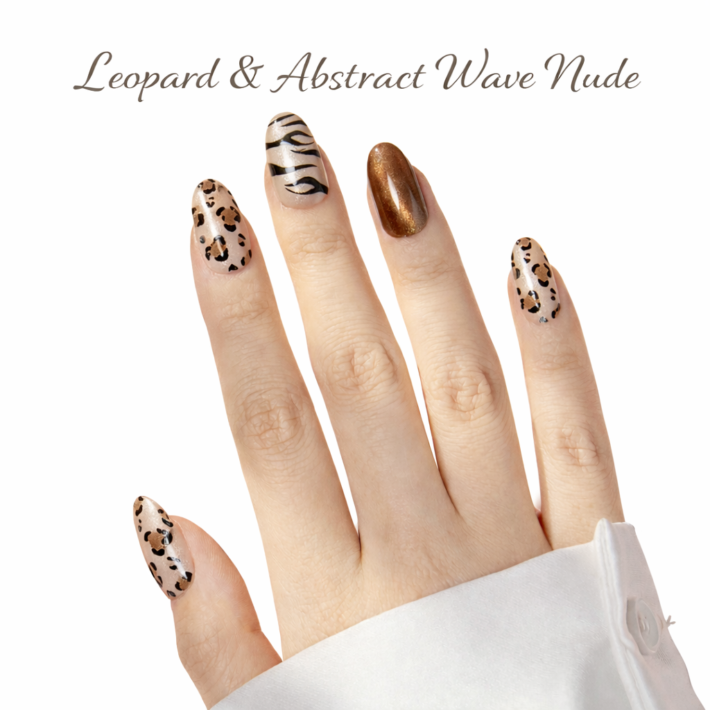 Leopard & Abstract Wave, Nail Art, Press-on Nails, Almond Shape, Medium Length, 24 Pieces, Gel Polish Finish