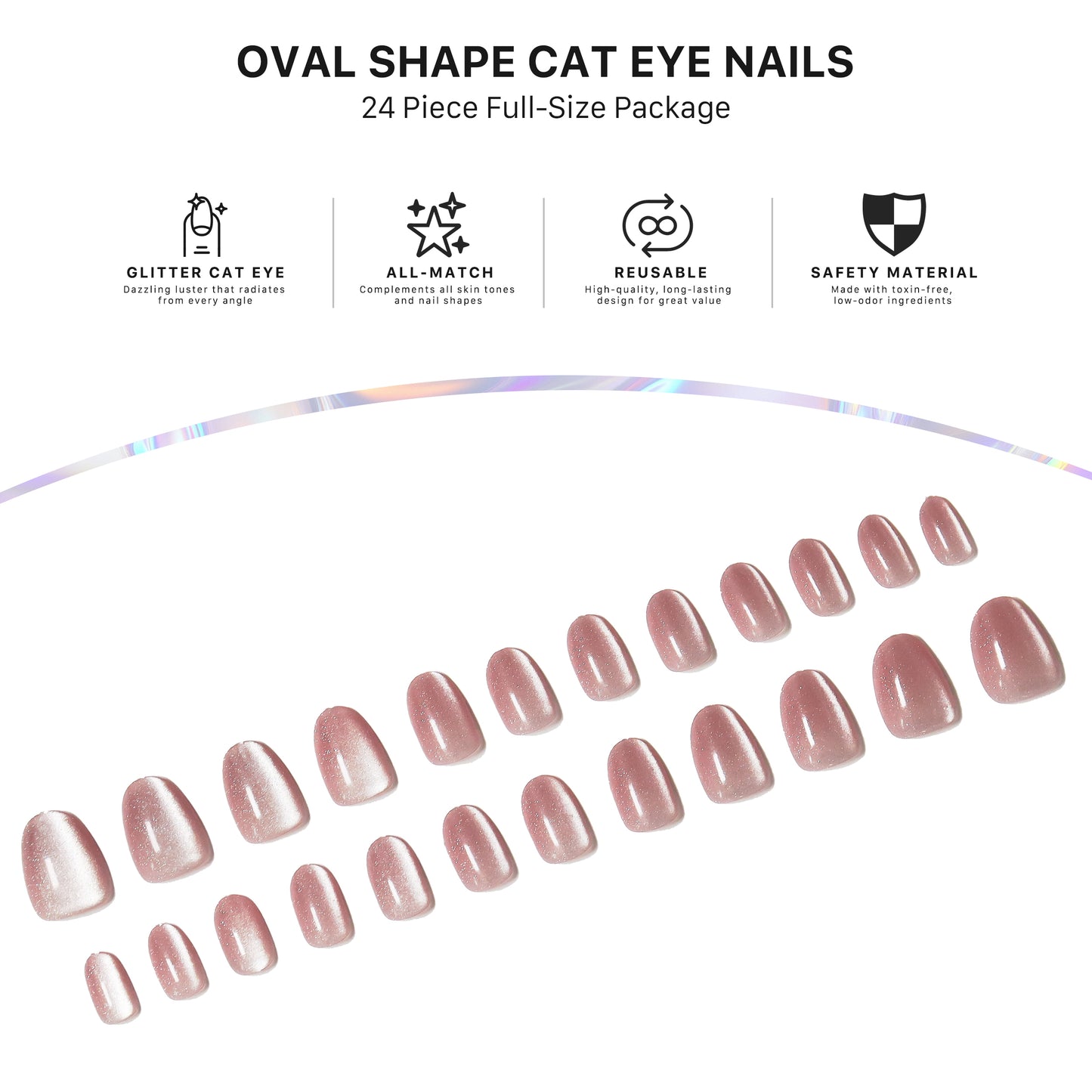 Nude Sparking, Cat Eye Effect, Press-on Nails, Oval Shape, Short Length, 24 Pieces, Gel Polish Finish