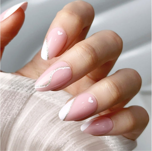 Elegant pink with Silver accents Design, Press-on Nails, Almond Shape, Medium Length, 24 Pieces, Gel Polish Finish