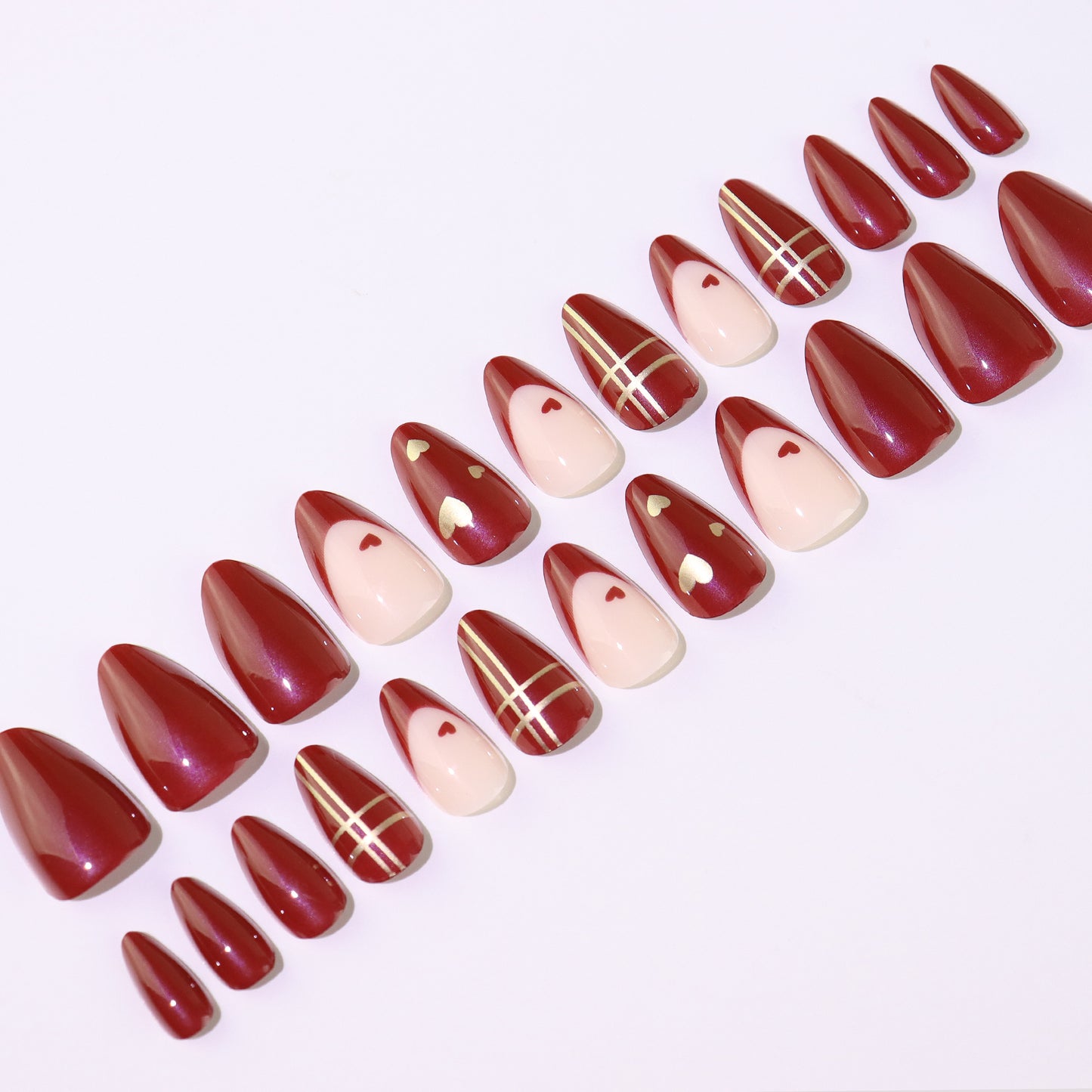 Maroon pink golden hearts Design Nail Art, Press-on Nails, Oval Shape, Medium Length, 24 Pieces, Gel Polish Finish