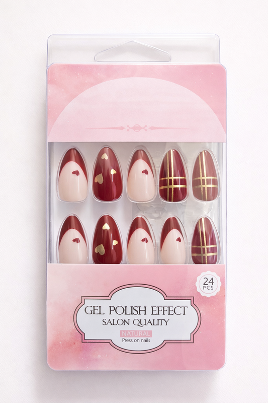 Maroon, pink golden hearts Design Nail Art