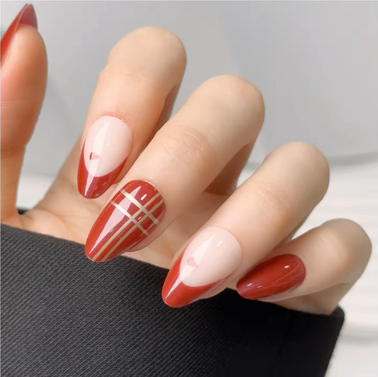 Maroon pink golden hearts Design Nail Art, Press-on Nails, Oval Shape, Medium Length, 24 Pieces, Gel Polish Finish