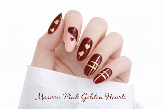 Maroon, pink golden hearts Design Nail Art