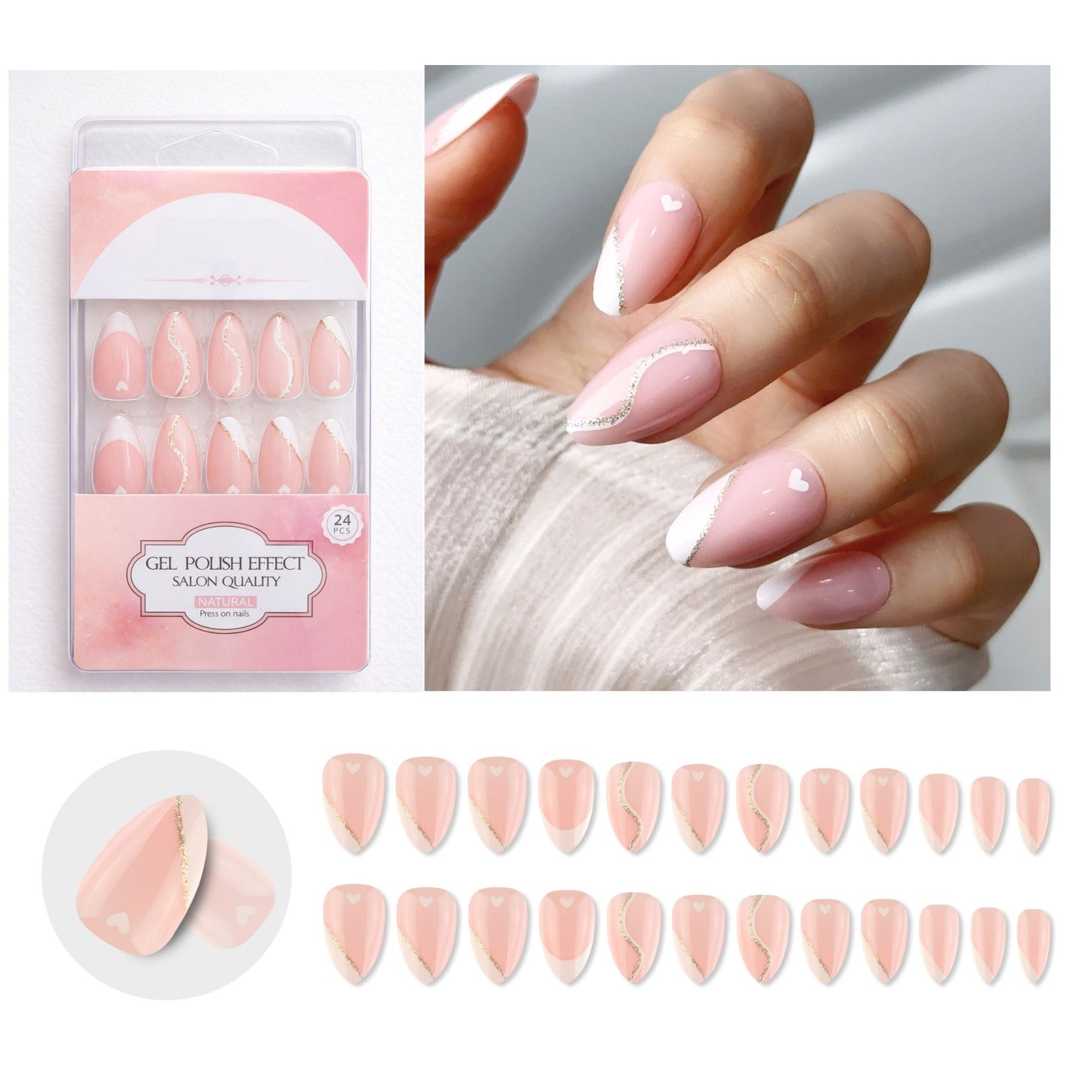 Elegant pink with Silver accents Design, Press-on Nails, Almond Shape, Medium Length, 24 Pieces, Gel Polish Finish