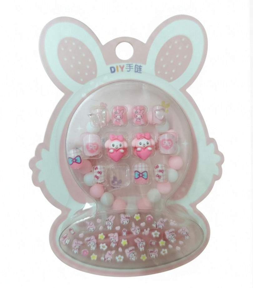 Cute Kids Press-On Nails with Bracelet and Stickers