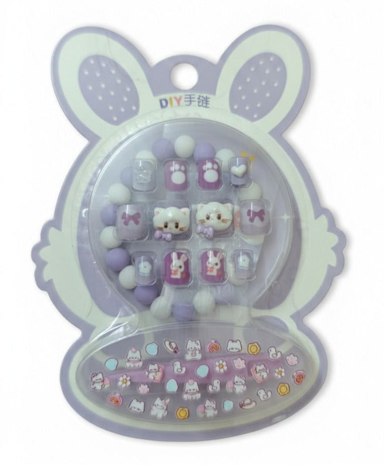 Cute Kids Press-On Nails with Bracelet and Stickers