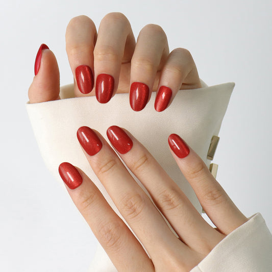 Red Cateye Press On Short Nails(Oval)