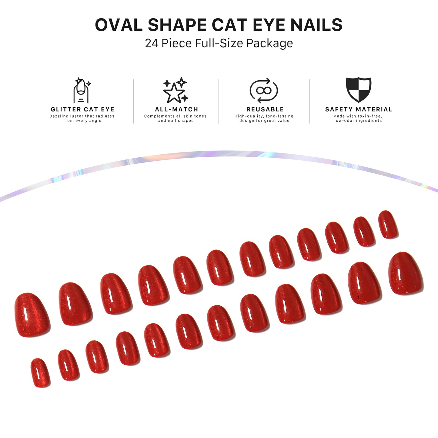 Red Sparkling, Cat Eye Effect, Press-on Nails, Oval Shape, Short Length, 24 Pieces, Gel Polish Finish