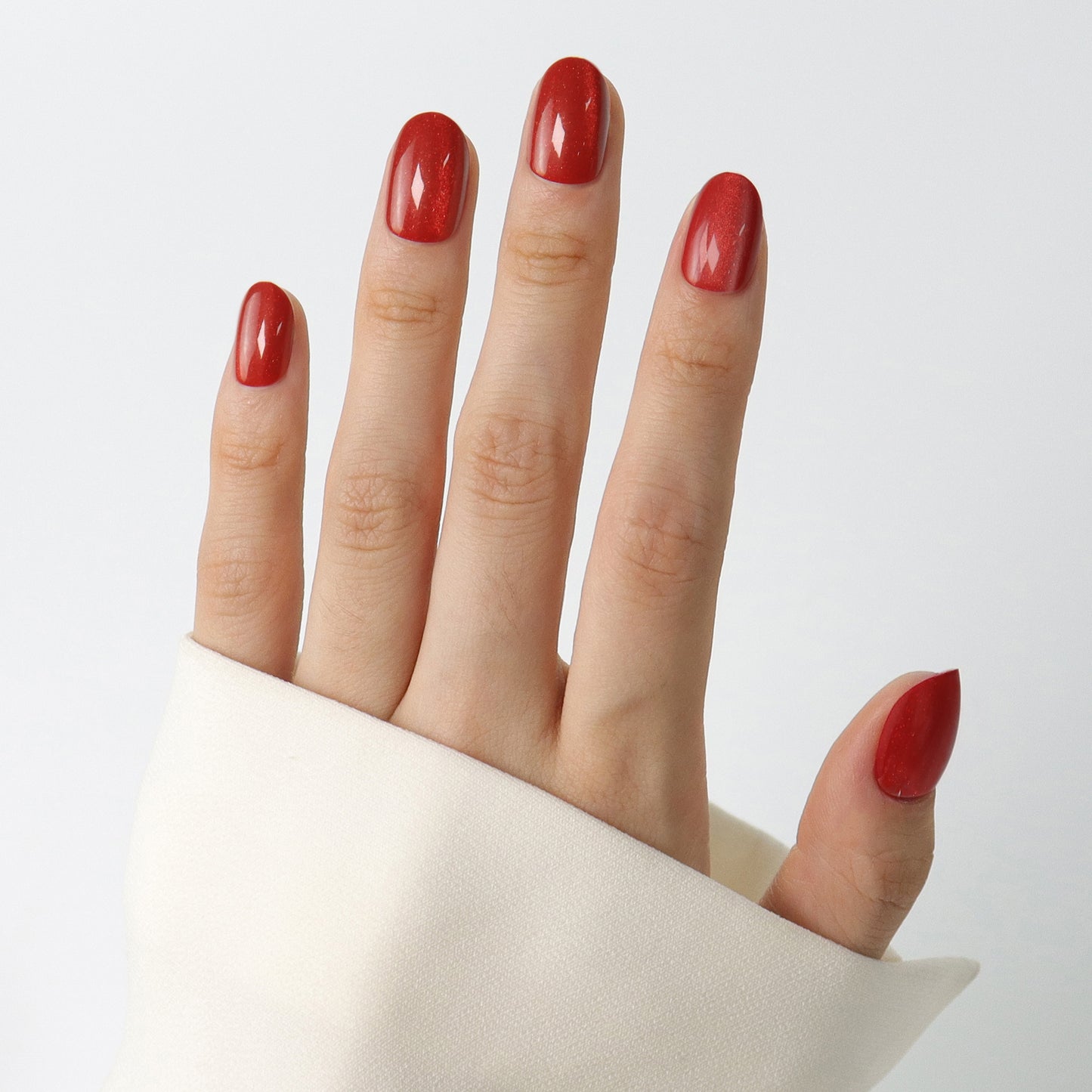 Red Sparkling, Cat Eye Effect, Press-on Nails, Oval Shape, Short Length, 24 Pieces, Gel Polish Finish