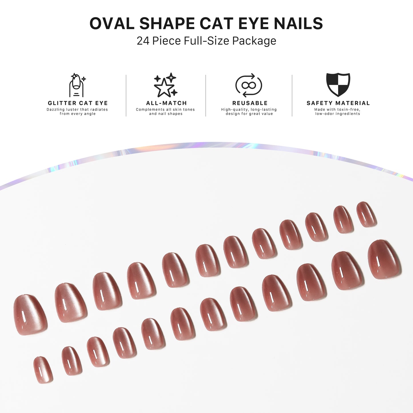 Red Velvet Sparking, Cat Eye Effect, Press-on Nails, Oval Shape, Short Length, 24 Pieces, Gel Polish Finish