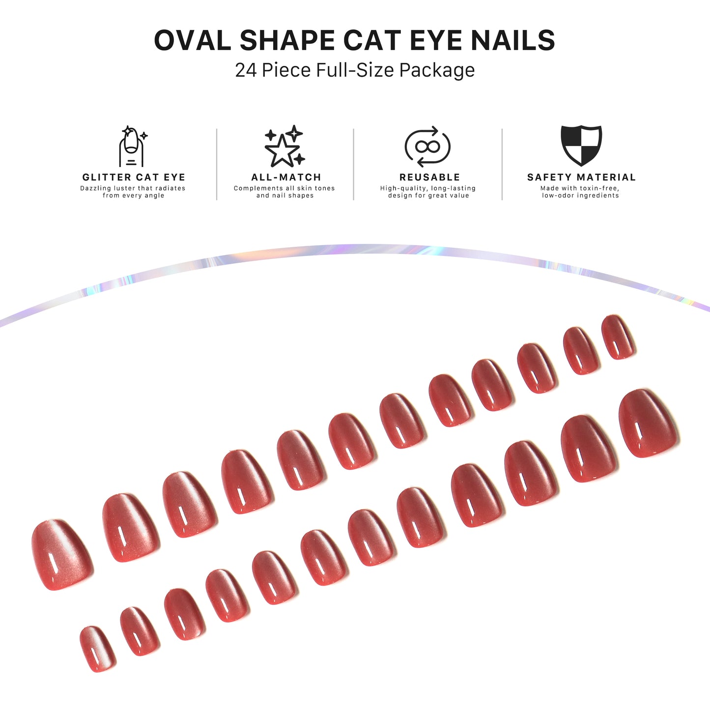Ruby Red, Cat Eye Effect, Press-on Nails, Oval Shape, Short Length, 24 Pieces, Gel Polish Finish